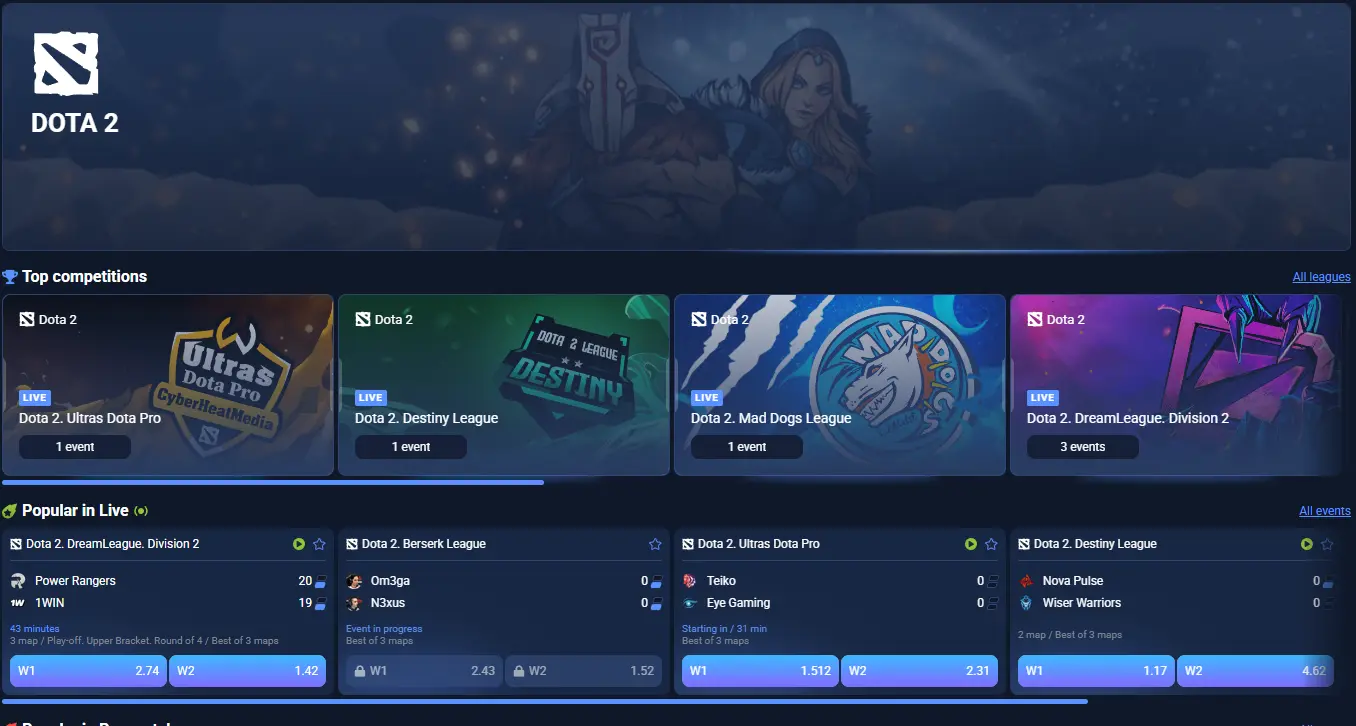 Dota 2 betting page on 1xBet