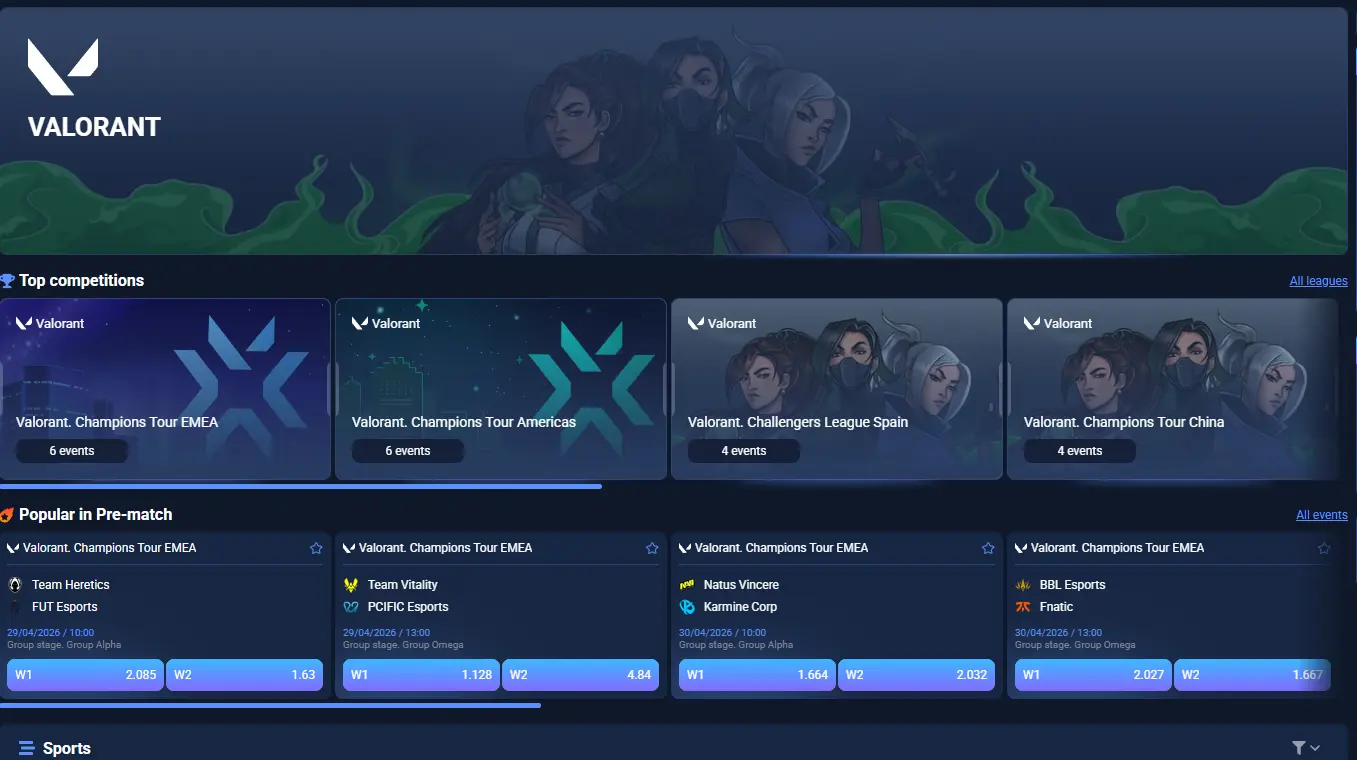 1xBet Valorant main page